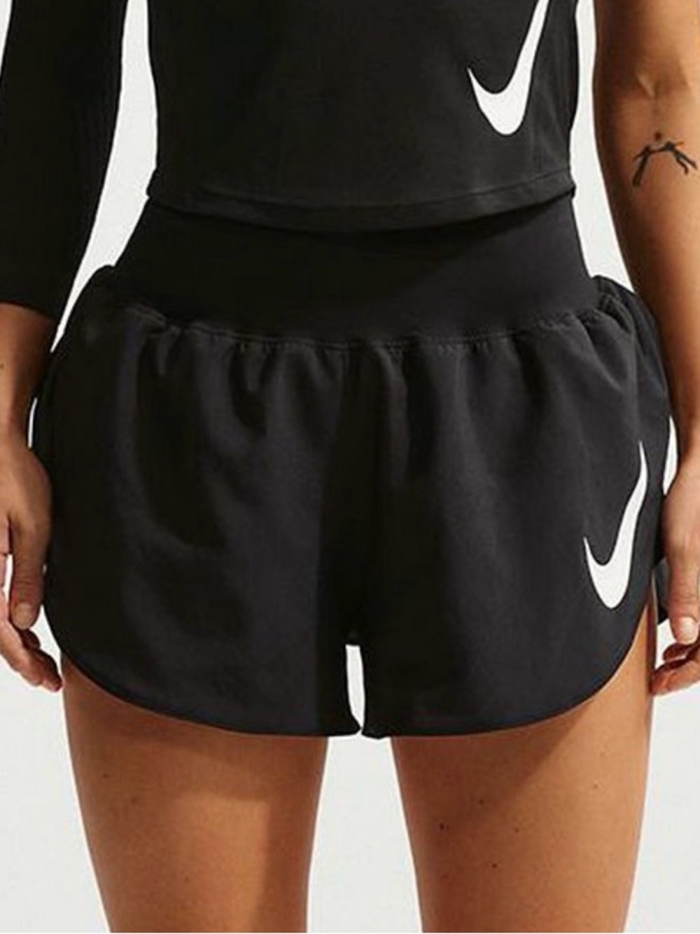 New Nike mid rise Black Athletic Running Shorts w/ White Swoosh & drawstring.